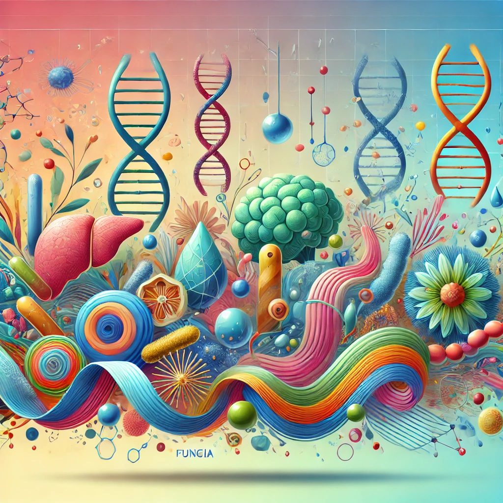 "Artistic representation of microbiome diversity showcasing bacteria, fungi, archaea, DNA helices, and gut-like structures. The image uses a vibrant palette of blues, greens, and yellows, emphasizing microbiome roles in health, environment, and agriculture."